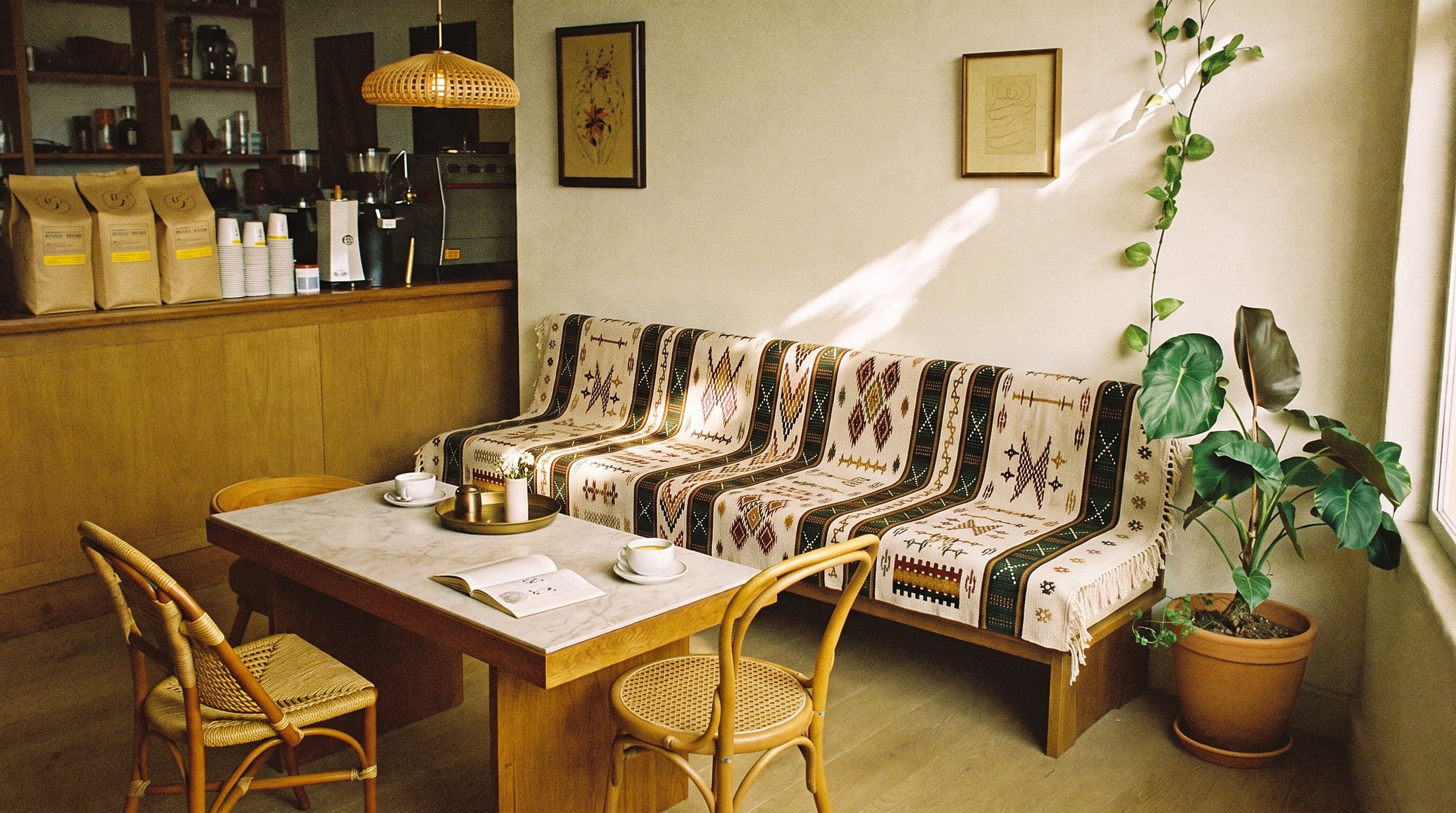 Café cozy, longue banquette basse entièrement drapée d’un hanbel cream à bandes verticales polychromes, table de bistrot en travertin avec deux cafés, comptoir à grains et machine espresso, chaises cannées, lumière chaude du matin