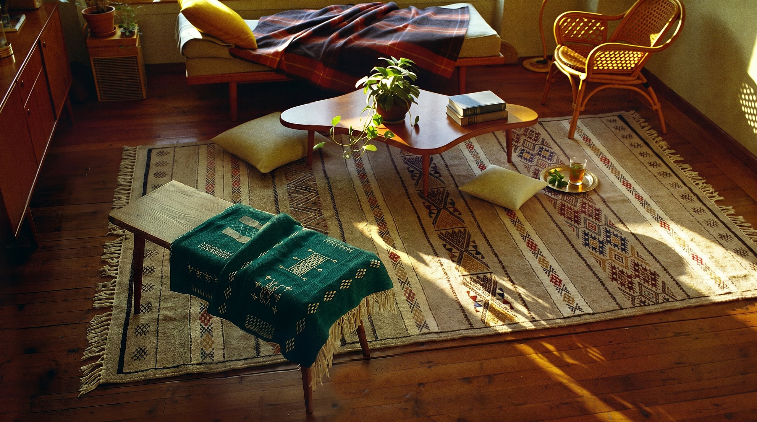 Salon en lumière rasante du soir : grand tapis sable à bandes de losanges polychromes au sol, tapis sarcelle à motifs blancs drapé sur un banc de bois étroit, table basse avec livres, thé à la menthe et pothos