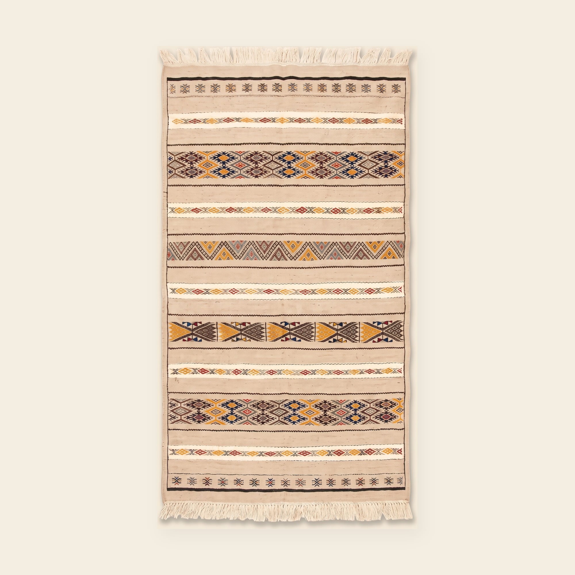 Tapis Tafukt tissé par À documenter à Vallée du M’zab, motifs Bandes de losanges, triangles opposés et peignes